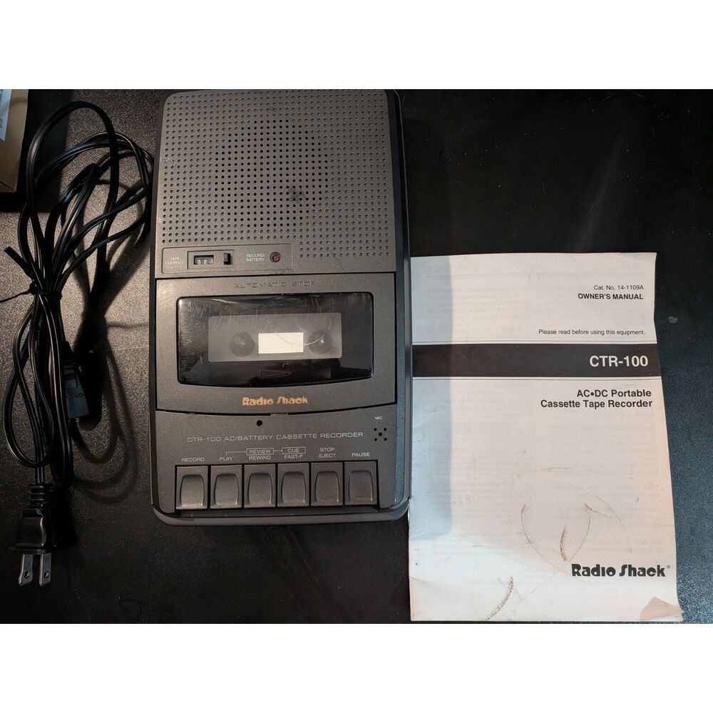 Vintage Radio Shack CTR-100 Cassette Tape Recorder with Manual & Power Cord